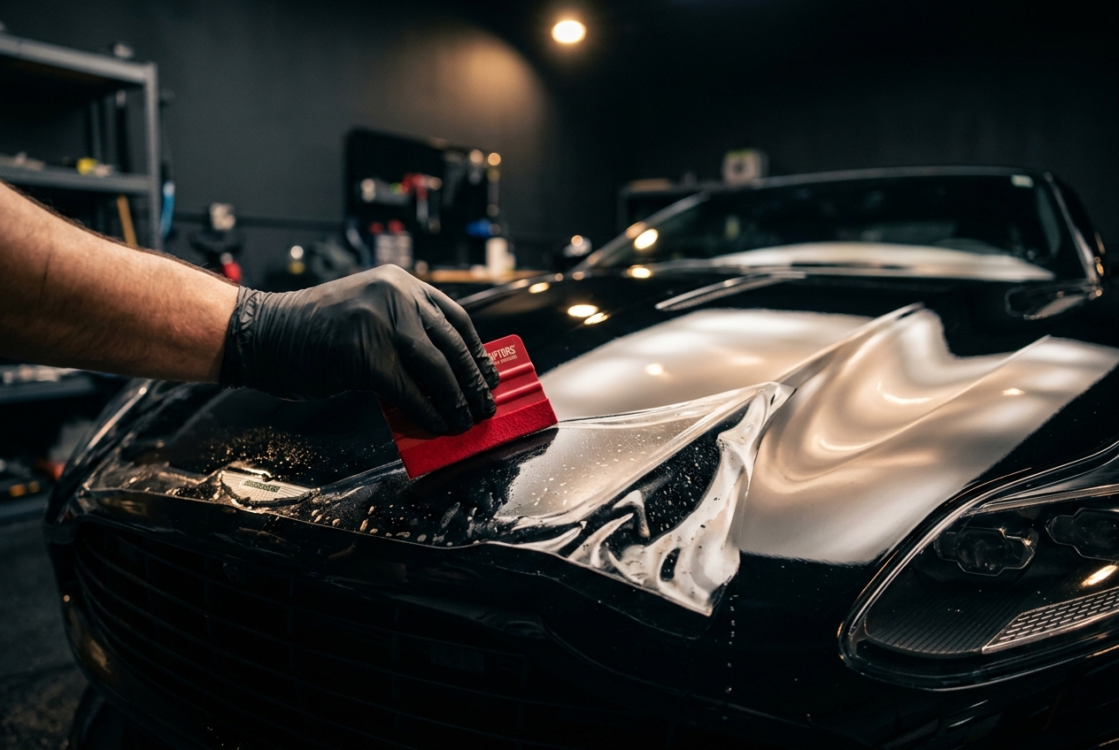 Transparente Schutzfolie wird auf einer Motorhaube angepasst